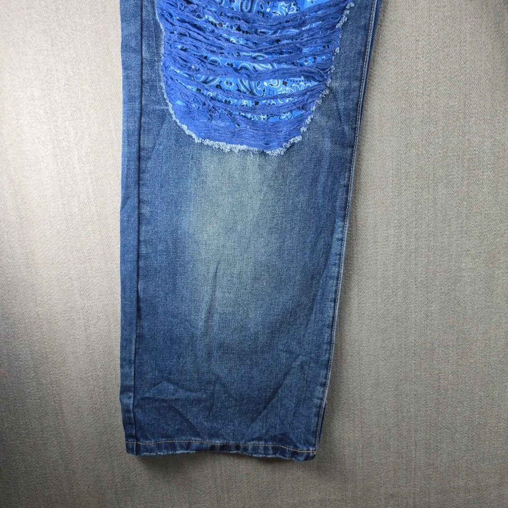 Rutherford Distressed Jeans Men 38 Blue Paisley Bandana Patch Streetwear Denim